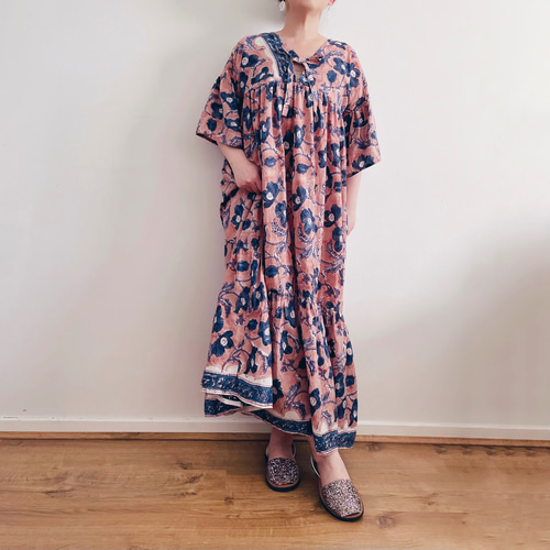 インド綿(ブロックプリント)のV neckフリルスリーブワンピース[Creema  