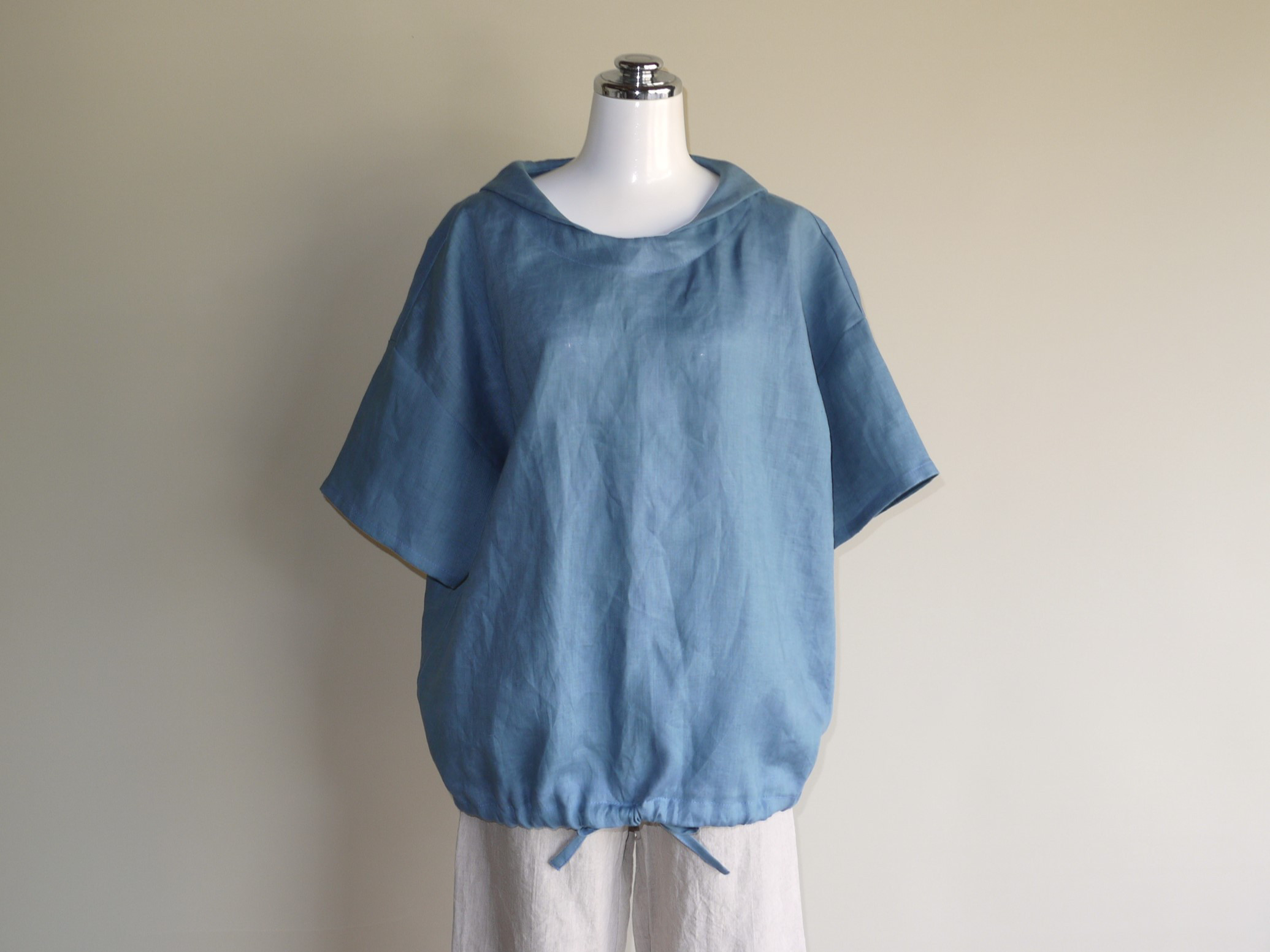 カラーリネン◇マリンシャツブラウス◇オールドブルー◇M・L・LL（リネン100％）