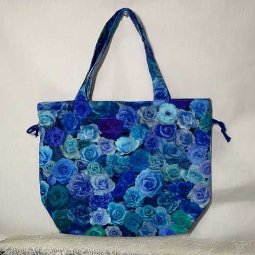 再販】巾着トートバッグ 巾着トート 小さめ 青い薔薇 巾着バッグ Romin 