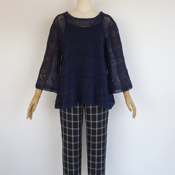 リボンヤーンのシアーチュニックニット　スチールネイビー 