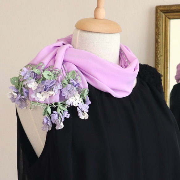 OYA crochet chiffon shawl [Flower of Wind] Lavender 第2張的照片