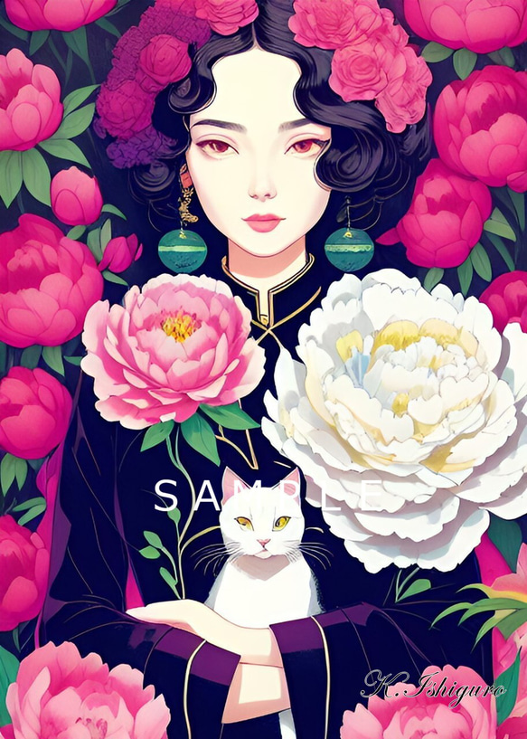 猫と女性と薔薇(昭和レトロ風イラスト)A4額付き　№s-1129 1枚目の画像