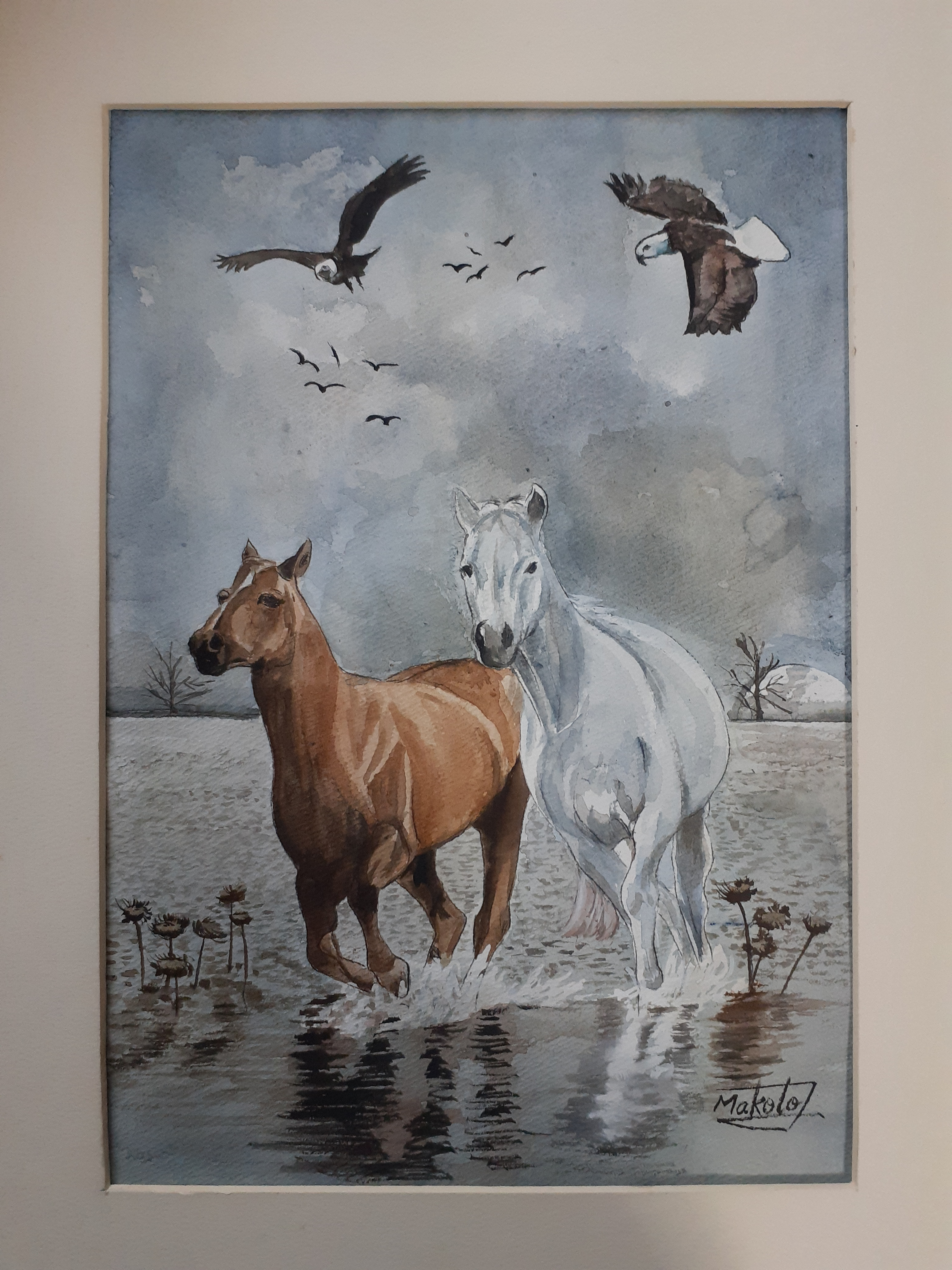 水彩画 馬と白頭鷲 絵画 makochin 通販 15764448｜Creema(クリーマ)