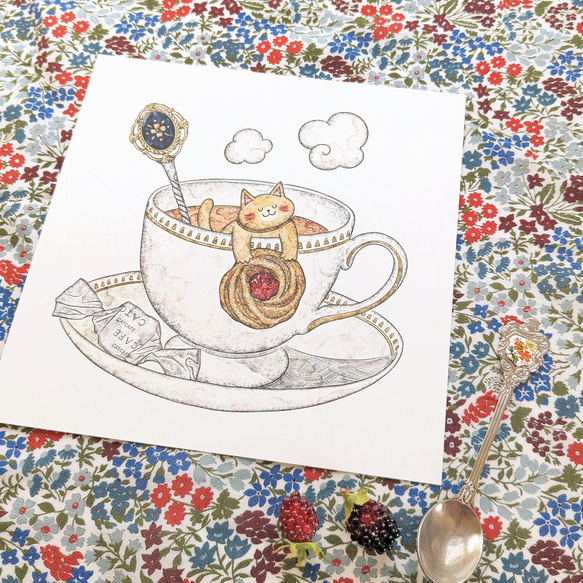 200角 猫と紅茶とジャムクッキー アートプリント/イラスト複製画 7枚目の画像