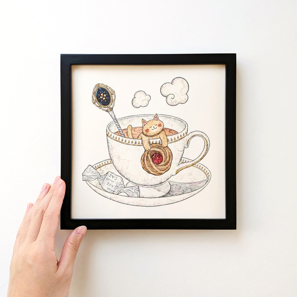 200角 猫と紅茶とジャムクッキー アートプリント/イラスト複製画 4枚目の画像