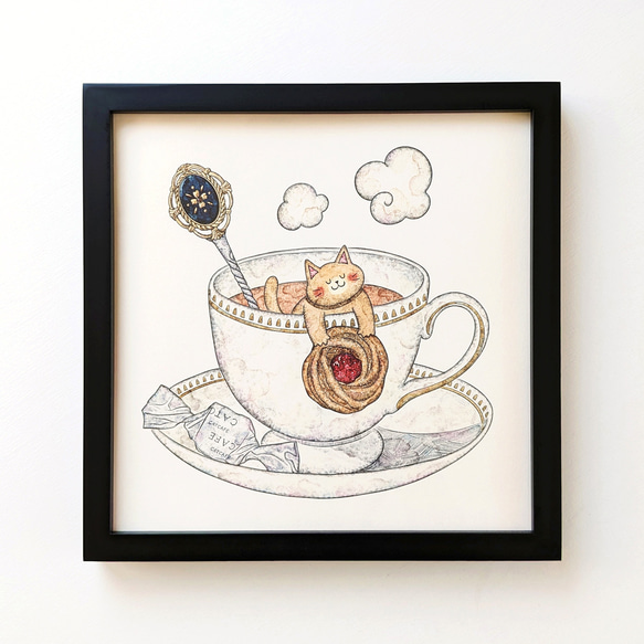 200角 猫と紅茶とジャムクッキー アートプリント/イラスト複製画 1枚目の画像