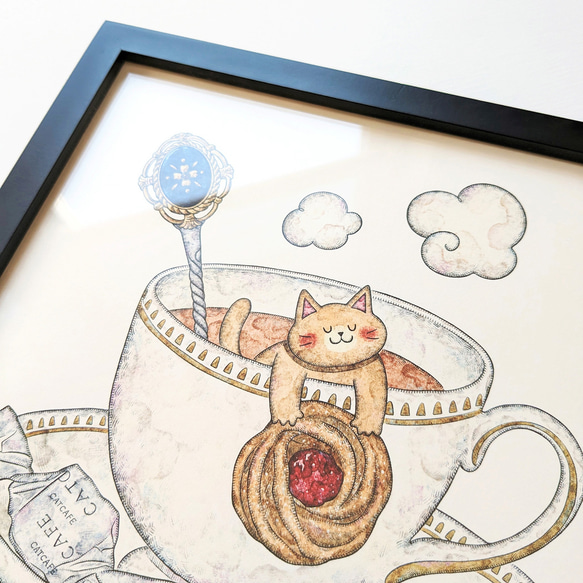 200角 猫と紅茶とジャムクッキー アートプリント/イラスト複製画 2枚目の画像