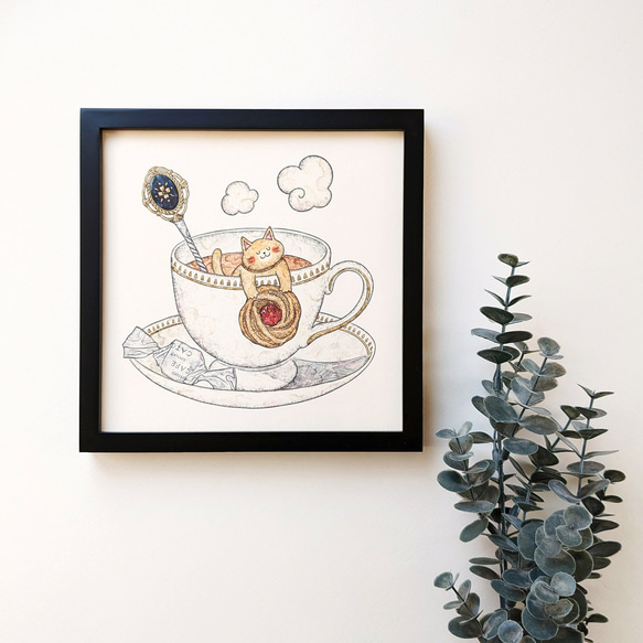 200角 猫と紅茶とジャムクッキー アートプリント/イラスト複製画 5枚目の画像