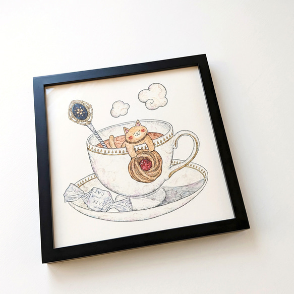 200角 猫と紅茶とジャムクッキー アートプリント/イラスト複製画 3枚目の画像