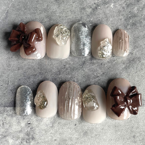 ブラウンリボンネイル キッズネイルブラウンネイルリボンネイルマット  