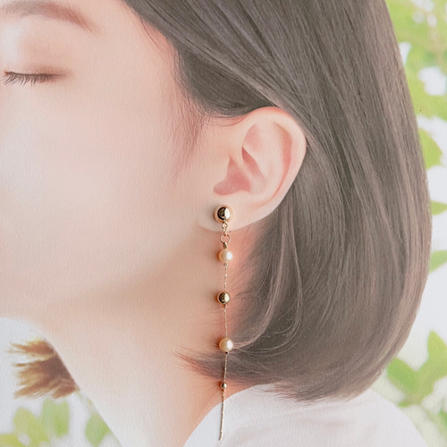 淡水パールのロングピアス【Hijiri】ピンク チタンポスト チェーン 銅