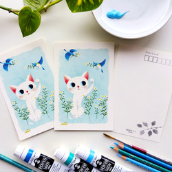 P5.幸せ招き猫［白ネコ］ポストカード3枚セット 1枚目の画像