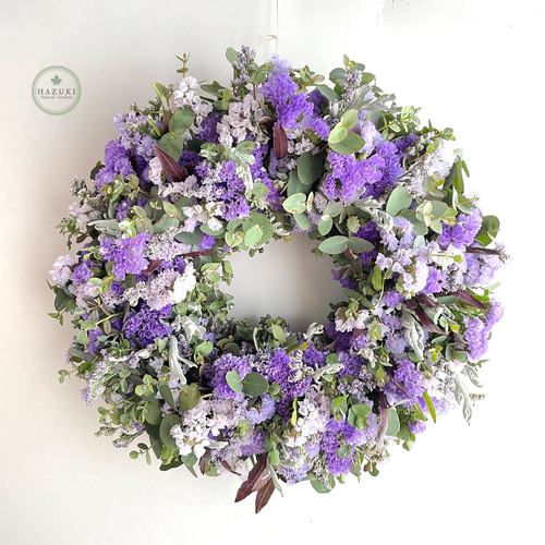 ドライフラワー★2種のスターチスいっぱい大人なリース　ユーカリ　ラグラス　あやめ ドライフラワー☆2種のスターチスいっぱい大人なリース ユーカリ