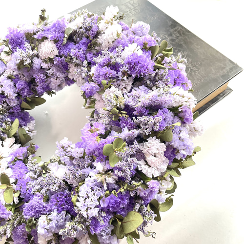 ドライフラワー★2種のスターチスいっぱい大人なリース　ユーカリ　ラグラス　あやめ ユーカリとニュアンスカラースターチスのドライフラワーリース L