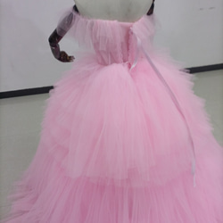 送料無料！カラードレス ピンク 上質オーガンジー 柔らかく重ねたチュールスカートオフショル プリンセスライン エレガント 19枚目の画像