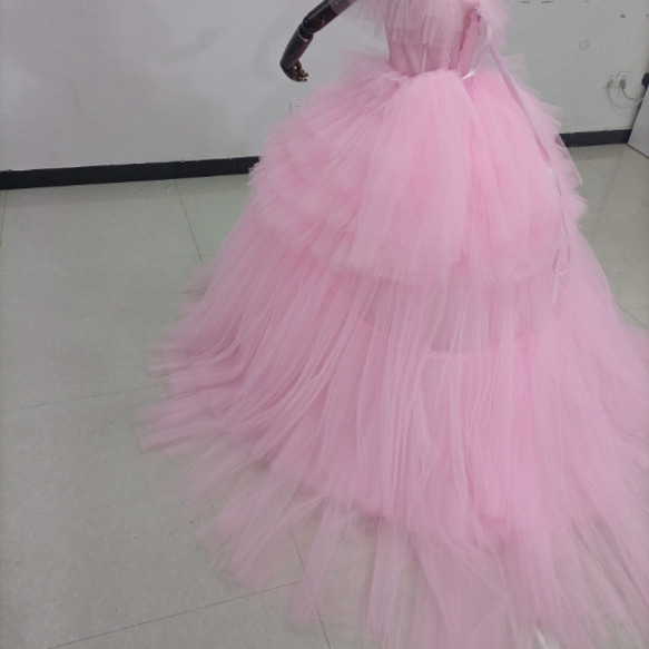 送料無料！カラードレス ピンク 上質オーガンジー 柔らかく重ねたチュールスカートオフショル プリンセスライン エレガント 15枚目の画像