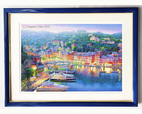 額57㎝イタリアで版画化ポルトフィーノ ヨーロッパ 地中海 夕景 風景画