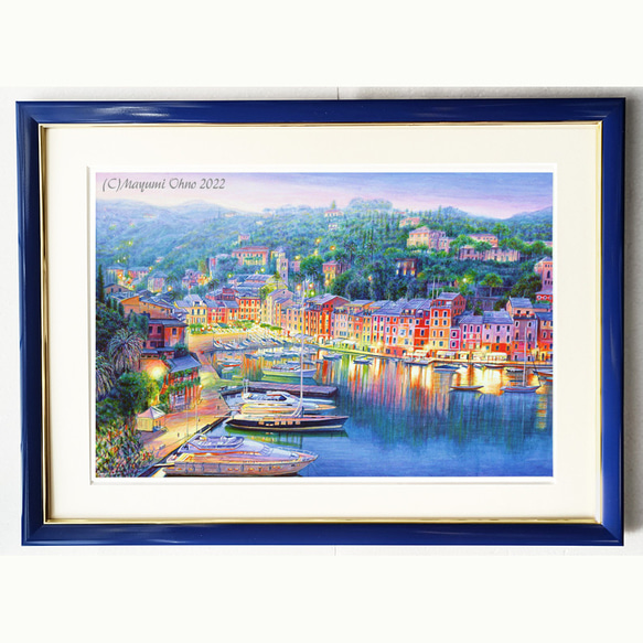 額57㎝イタリアで版画化ポルトフィーノ ヨーロッパ 地中海 夕景 風景画