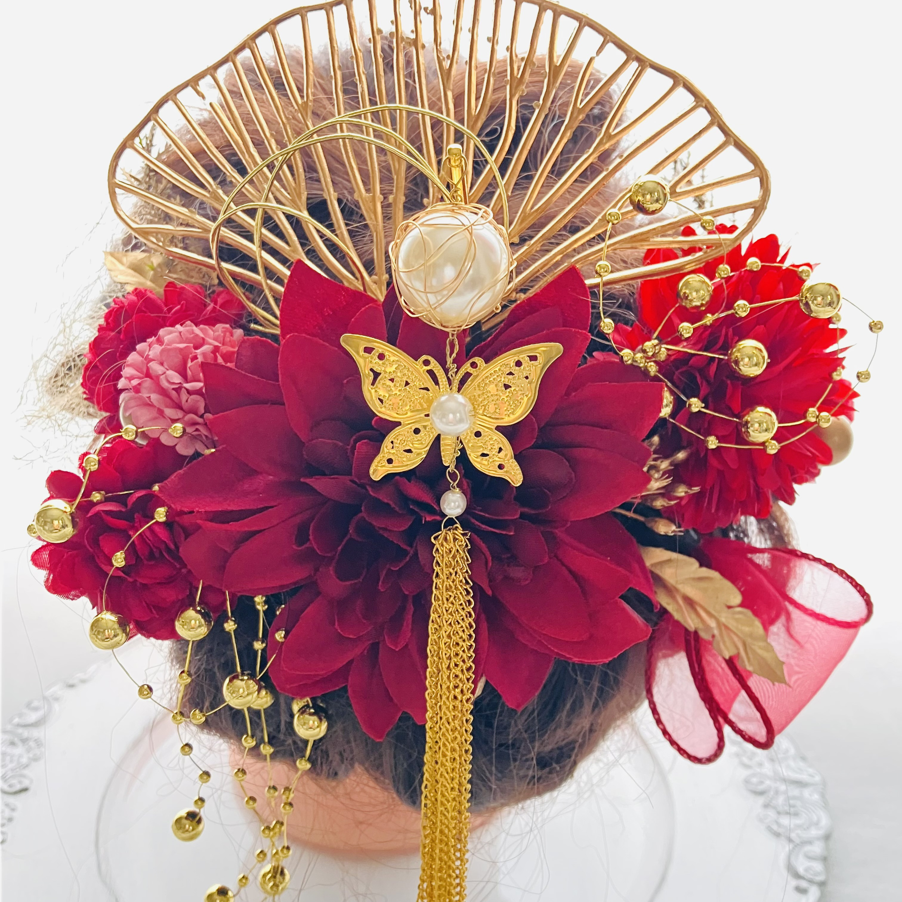 揺れるパール蝶々簪【卒業式髪飾り】【結婚式髪飾り】【成人式髪飾り】【ウェディン】簪　水引　金箔　振袖　袴　和装　チュール