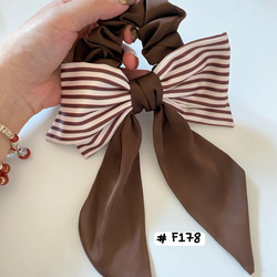 F178【シュシュ】ブラウン色/チェック柄/リボン/おしゃれ シュシュ