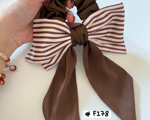 F178【シュシュ】ブラウン色/チェック柄/リボン/おしゃれ シュシュ