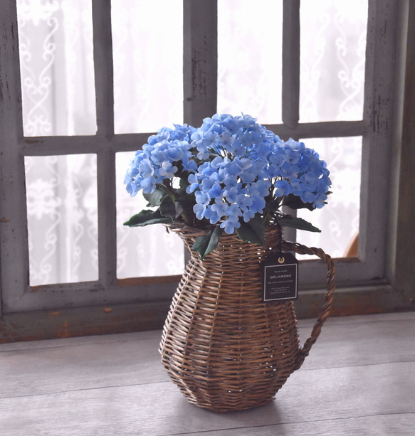 ◆粘土のお花◆ 紫陽花　ライトブルー　柳フラワーピッチャーに飾って…A795 10枚目の画像