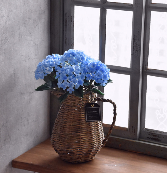 ◆粘土のお花◆ 紫陽花　ライトブルー　柳フラワーピッチャーに飾って…A795 9枚目の画像
