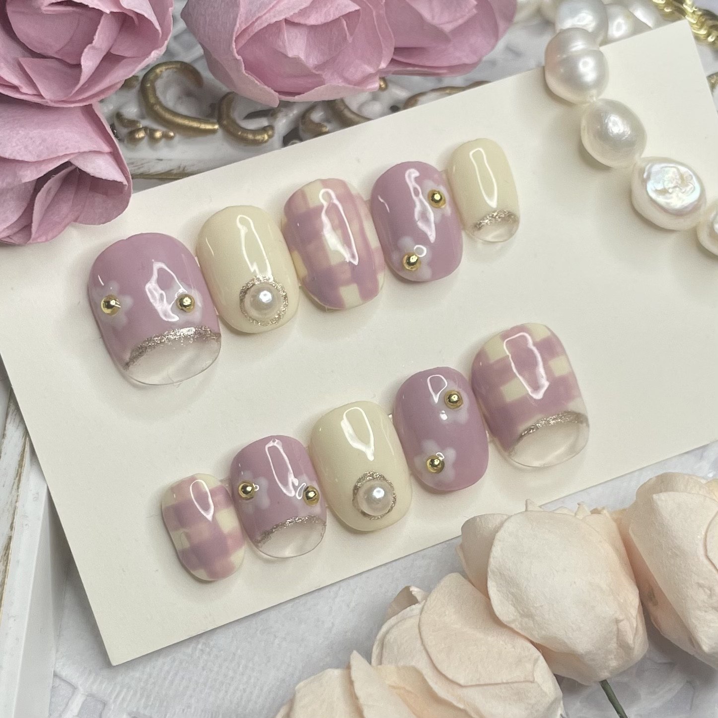 サイズオーダー♡ デイジー×チェック パープルネイルチップ size order  