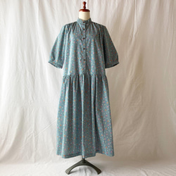 女士櫻花連衣裙（5/4袖）：115cm長（花條紋：海綠色） 第6張的照片