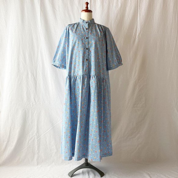 女士櫻花連衣裙（5/4袖）：115cm長（花條紋：天藍色） 第7張的照片