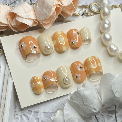 サイズオーダー♡ デイジー×チェックネイルチップ オレンジ size order  