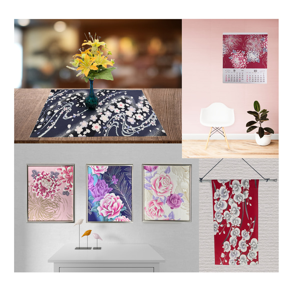 京染浴衣生地 4枚セット「桜と麻の葉」「菊と縦縞」 箔入り 約37cm×60cm 綿紅梅 日本製 K-A-C0092 8枚目の画像