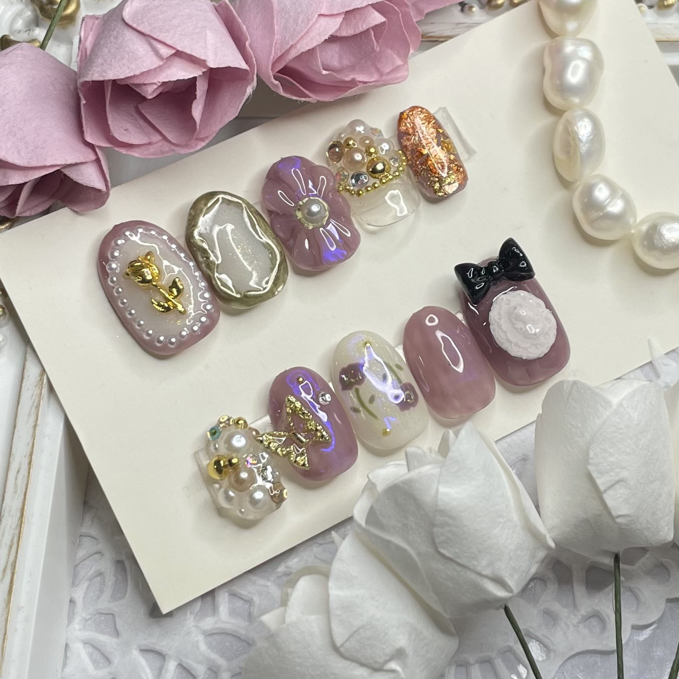 サイズオーダー♡ アンティークカメオ×薔薇ネイルチップ パープル  