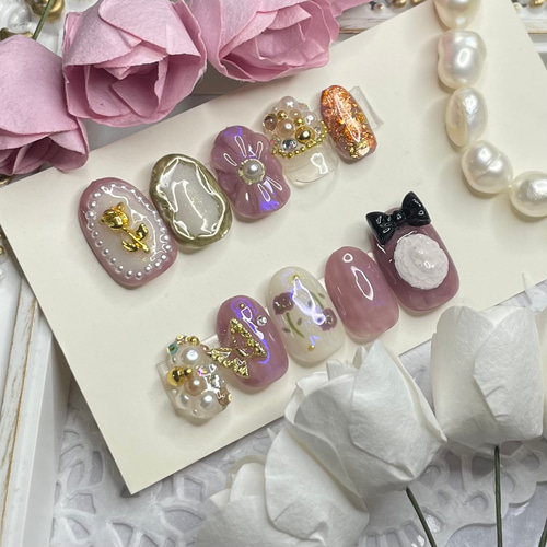 サイズオーダー♡ アンティークカメオ×薔薇ネイルチップ パープル  