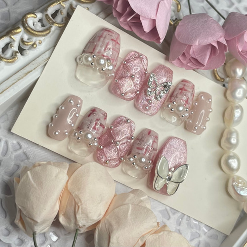 サイズオーダー♡ マグネット×ツイードネイルチップ ピンク size order