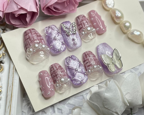 サイズオーダー♡ マグネット×ツイードネイルチップ パープル size