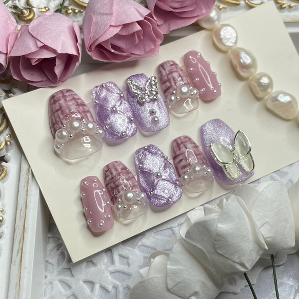 サイズオーダー♡ マグネット×ツイードネイルチップ パープル size  