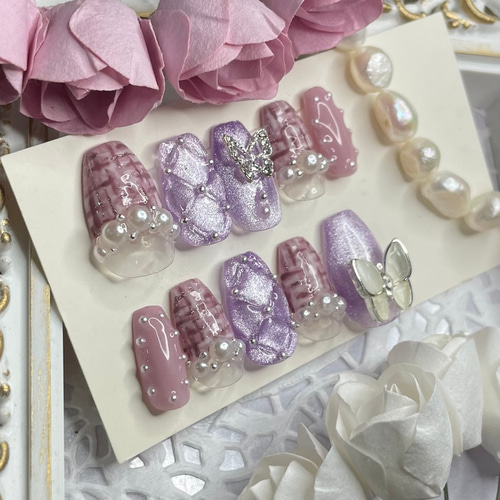 サイズオーダー♡ マグネット×ツイードネイルチップ パープル size