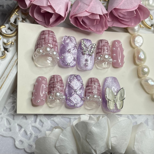 サイズオーダー♡ マグネット×ツイードネイルチップ パープル size