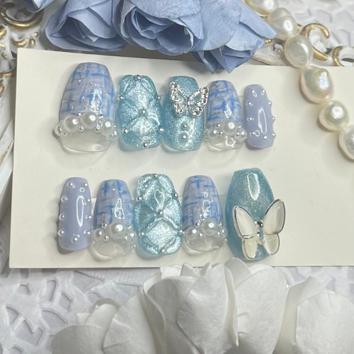 サイズオーダー♡ マグネット×ツイードネイルチップ ブルー size order