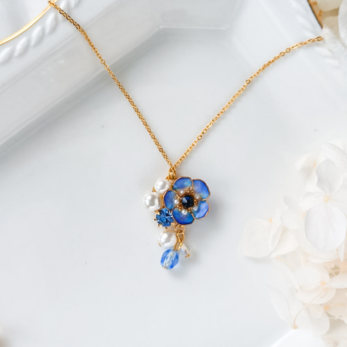 フラワーデザイン ネックレス ピアス&リング付き お得なセット販売☆anemone 小さな水色のお花 ネックレス ＆ ピアス
