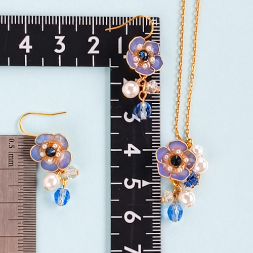 ネックレス&イヤリングのセット④ パープルビーズ シルバーメッキ