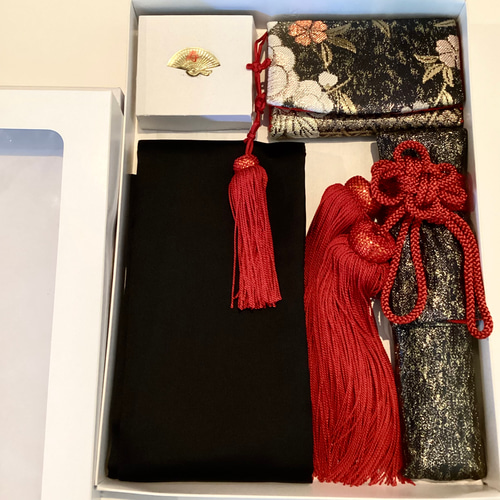 正絹】 花嫁 懐剣 筥迫 伊達襟 3点 ブラック&ゴールド 1点物 はこせこ