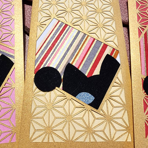 黒猫と和柄 切り絵アートぽち袋(六) 3枚入り 送料無料 3枚目の画像