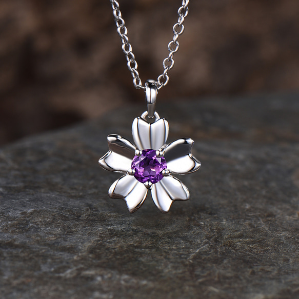 2月誕生石 天然アメジスト ネックレス 桜 桜の花 ペンダント 紫水晶