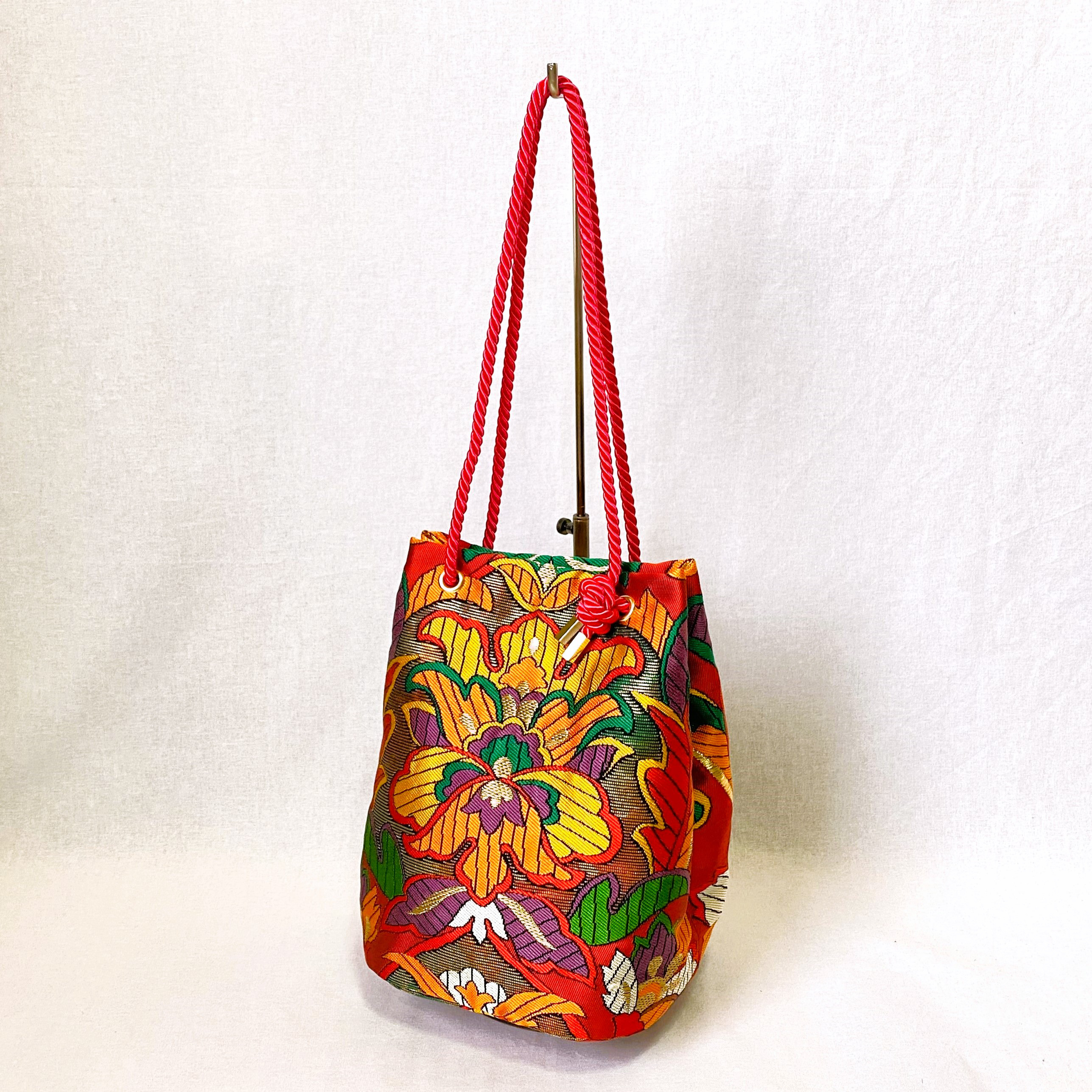 obi巾着バッグ 『赤×花唐草』 帯/2way/シルク