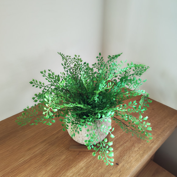 フェイクグリーンの鉢植え(アジアンタム) ／ストーンポット  人工観葉植物 2枚目の画像
