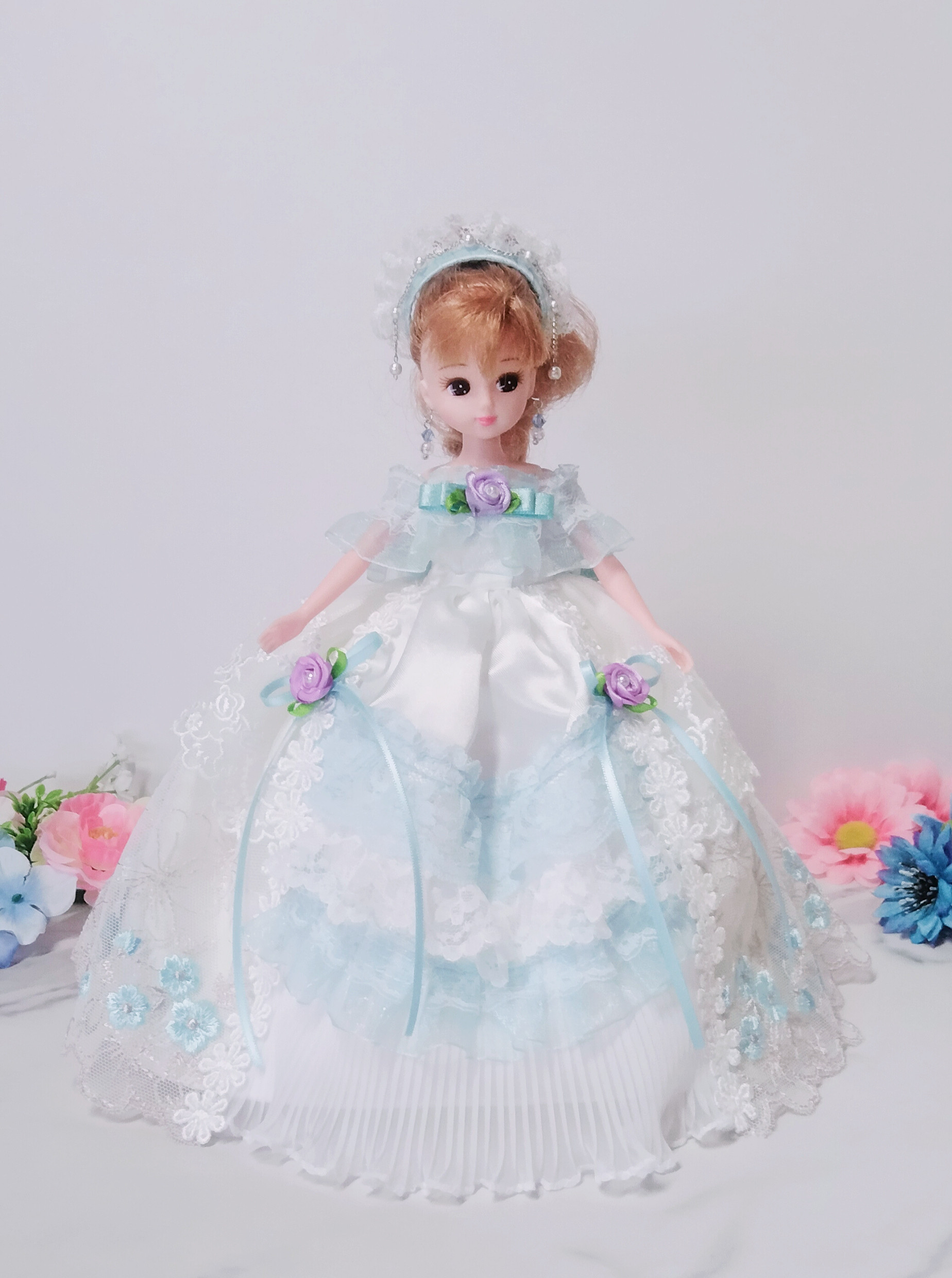 ヴィンテージ　アヒルの人形 青い花柄ドレス リカちゃん用着せ替えドレス 青いお花刺繍のドレス その他人形