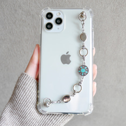 シルバー×ターコイズのキーリングハンガー　スマホケース　iPhoneケース　ストラップ　全機種　スマホチェーン 3枚目の画像