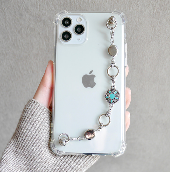 シルバー×ターコイズのキーリングハンガー　スマホケース　iPhoneケース　ストラップ　全機種　スマホチェーン 3枚目の画像